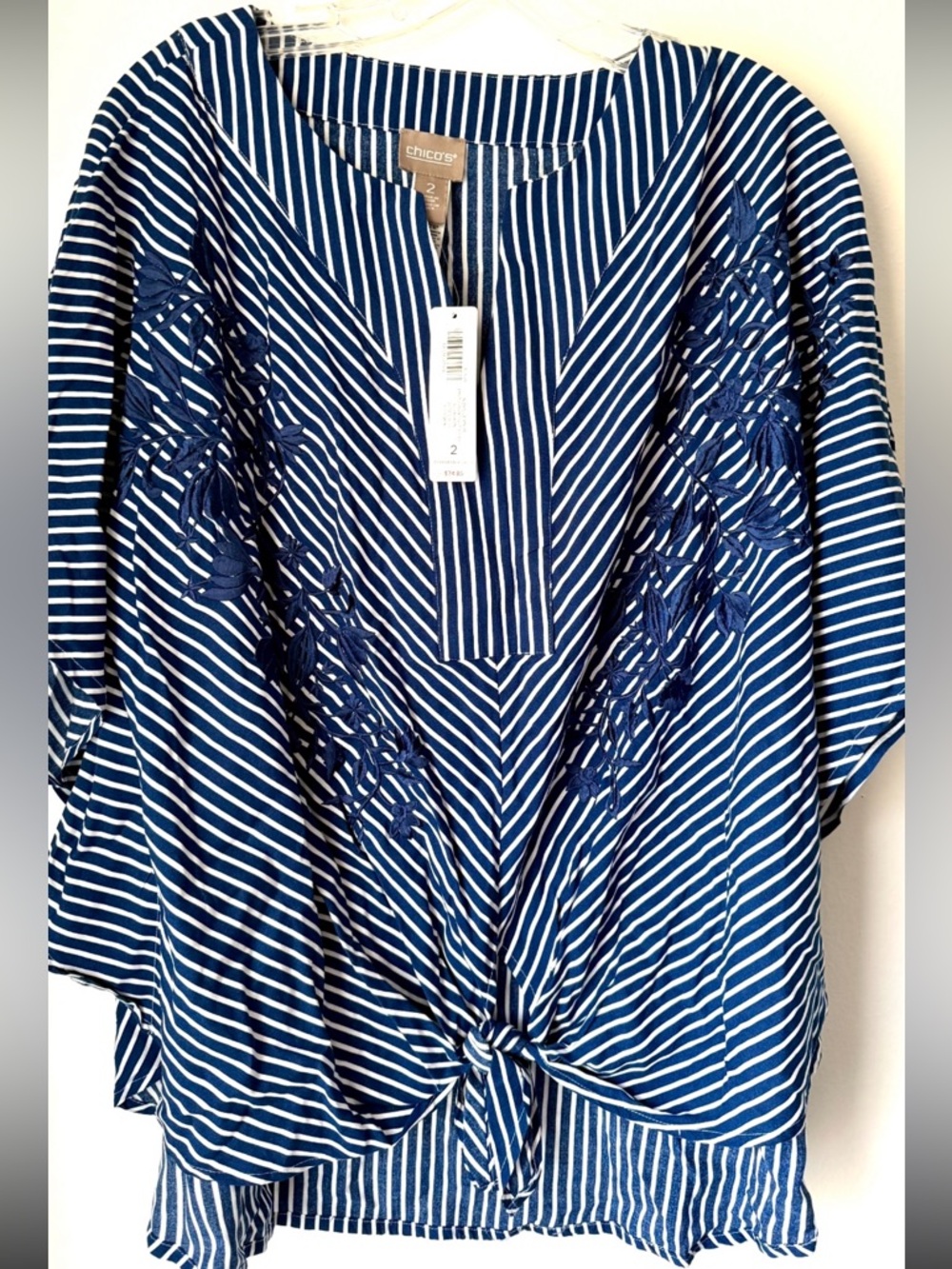 NWT CHICO'S Blue & White Striped Embroidered Tie Front Tunic Women 12  Chico’s 2